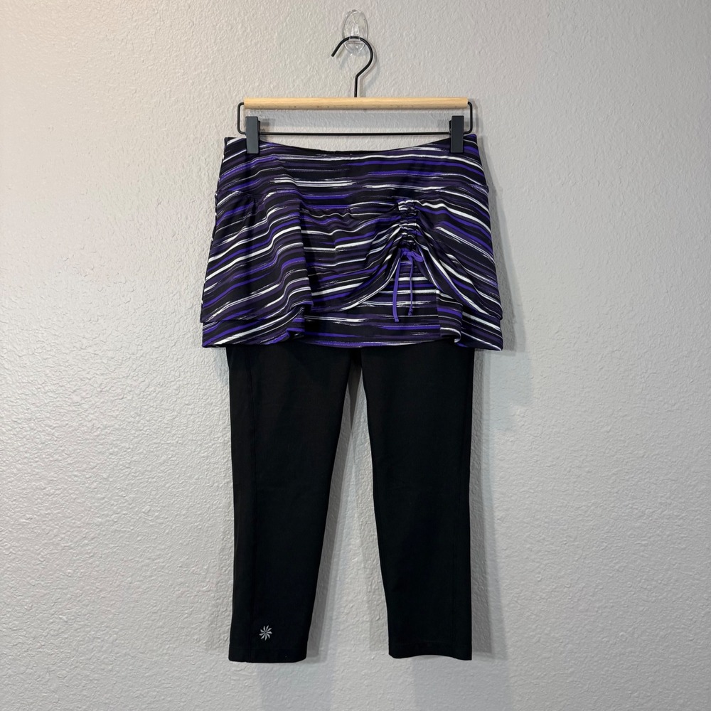 Athleta Size S Purple Striped Ruffled Ruched Pocket Skapris Skirted Capri